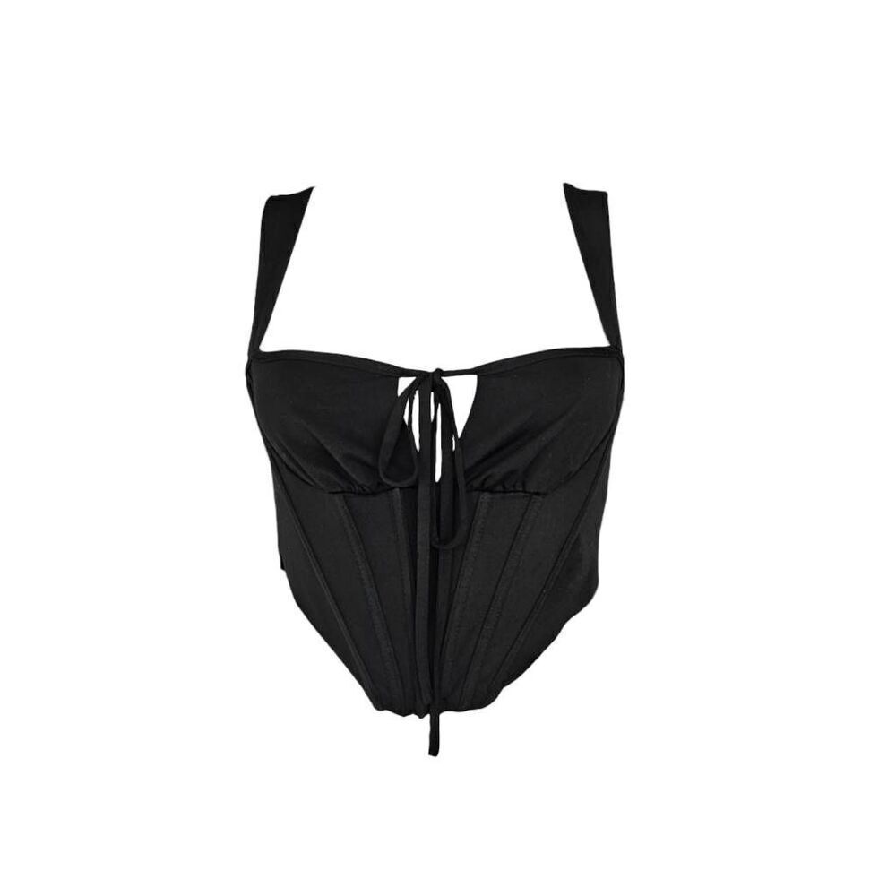 Black Bustier Tie Front Sleeveless Bodysuit